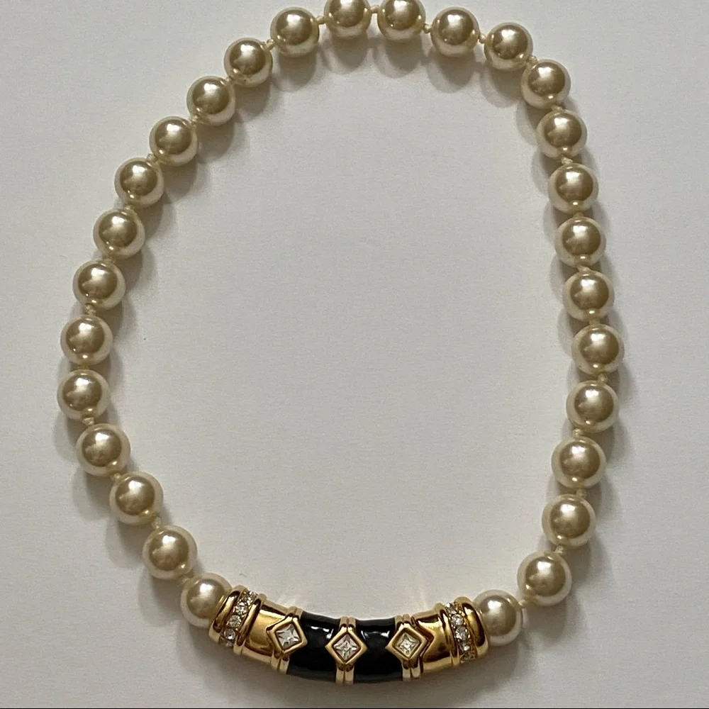 SWAROVSKI NECKLACE CHOKER PEARLS GOLD BLACK ENAMEL CRYSTALS 17” STATEMENT